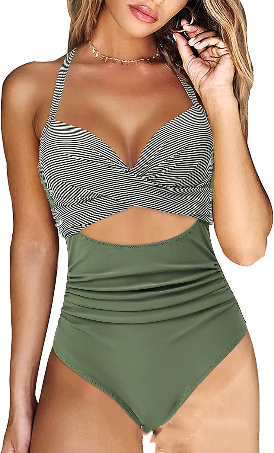 Schulterfreier, mehrfarbiger Badeanzug mit Print für Damen in Übergröße